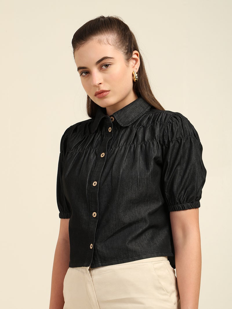 7OUNCE Black Denim Puff Sleeve Shirt for Women - Image 4